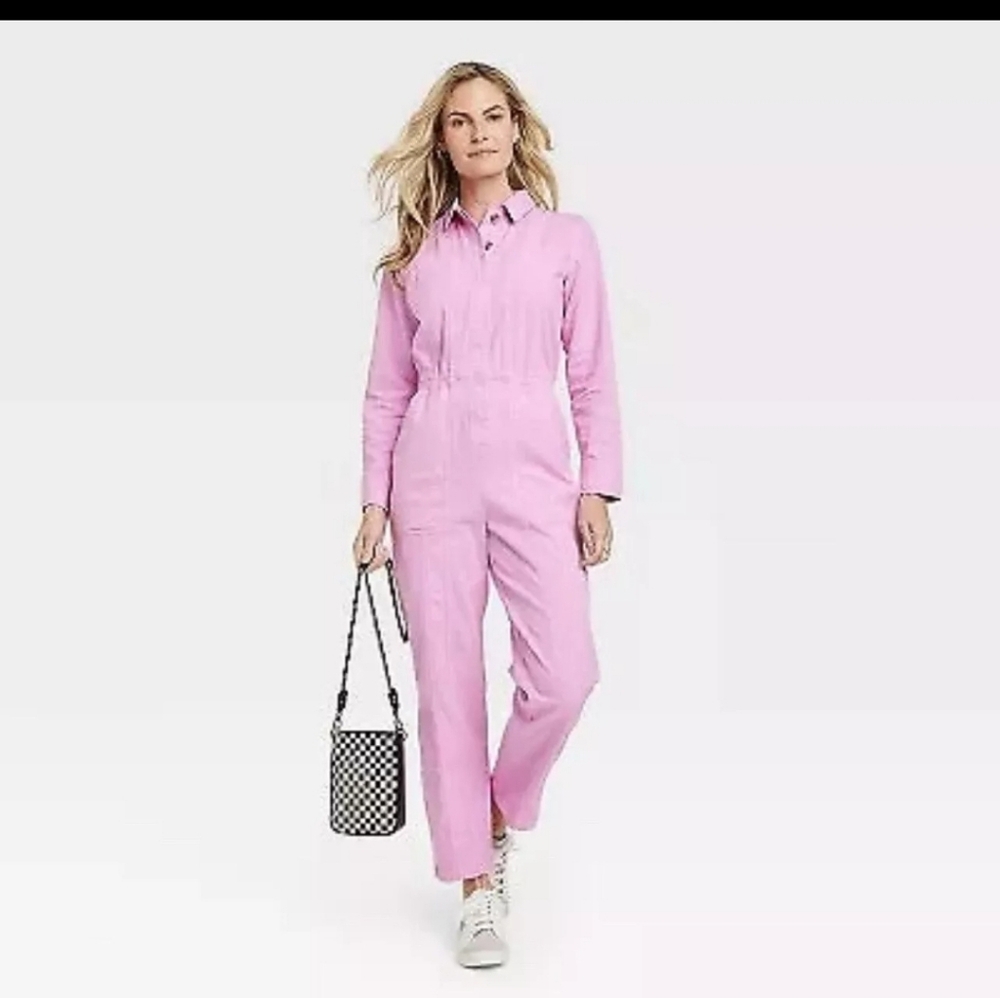Universal Thread Women's Long Sleeve Button Down Coveralls Jumpsuits Pink - Picture 4 of 8